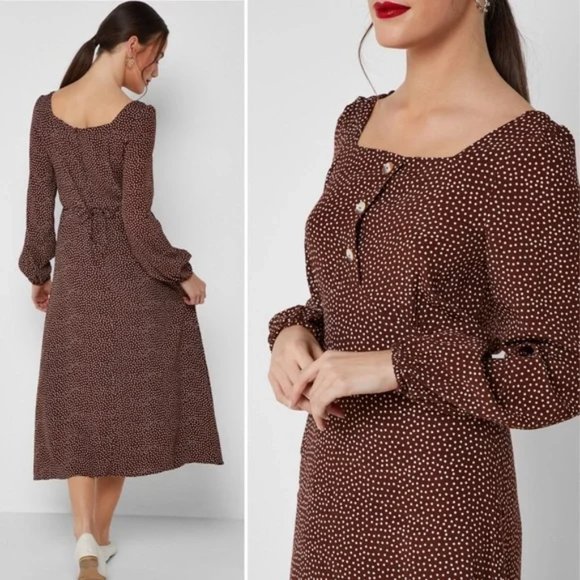 Mango Square Neck Brown and White Polka Dot Midi Dress US 6 - Picture 1 of 4